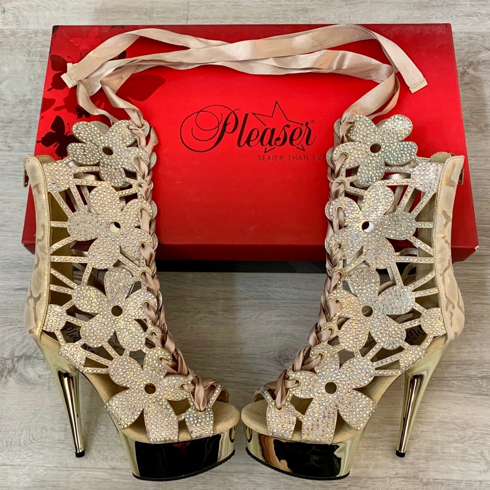Pleaser Gold Flower Cutout Lace Up Stiletto Boots